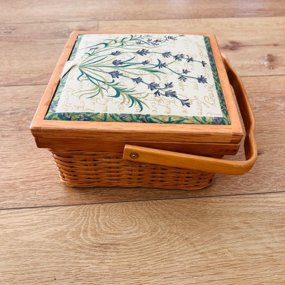 Vintage Woven Wicker Sewing Basket Lavender Thyme Botanical Print Wood Trim Box